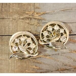 Rhinestone Floral Clip‎ On Earrings Vintage Style Silver Tone - STAR - VINTAGE